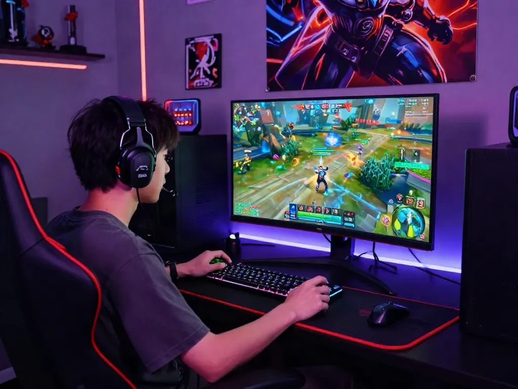Gamer immersed in a vibrant online gaming experience, navigating challenges in pecah 404.