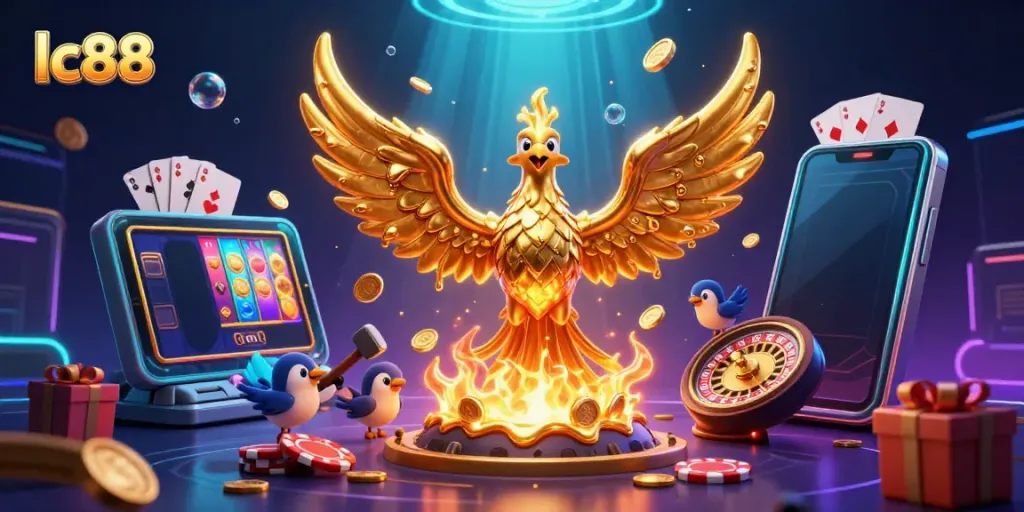 Engage with the exciting lc88 gaming experience featuring a molten phoenix and dynamic casino elements.