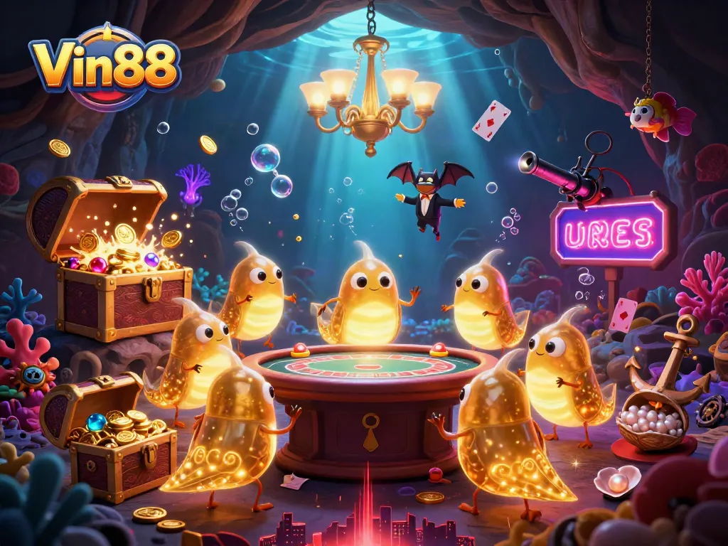 Experience thrilling gaming adventures with Vin88 at this vibrant underwater casino scene filled with glowing treasures.