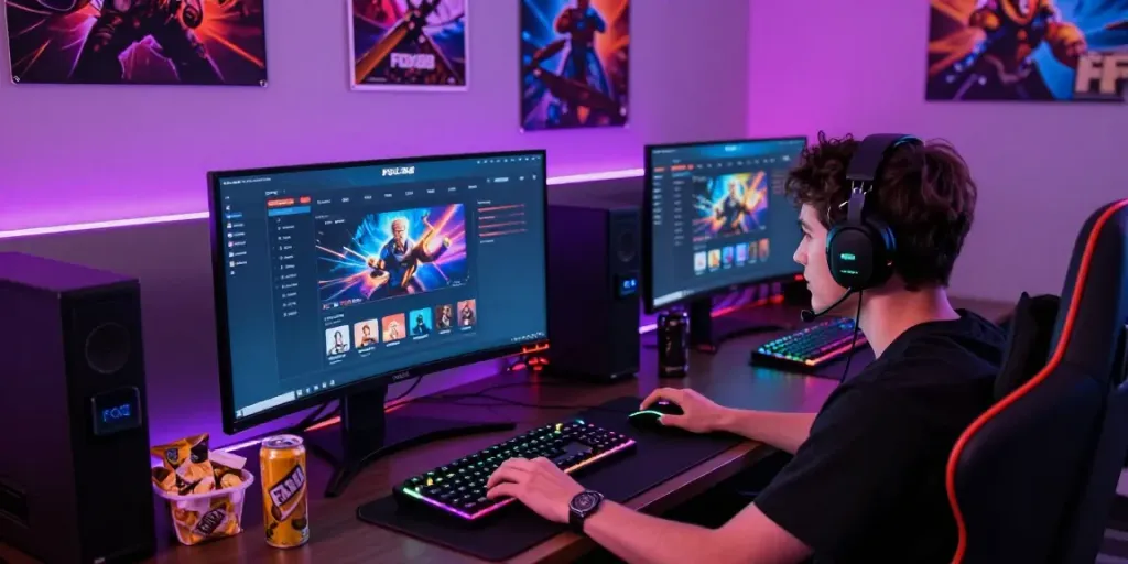 Intense gaming setup on Fox88 platform featuring colorful lights and engaging graphics.