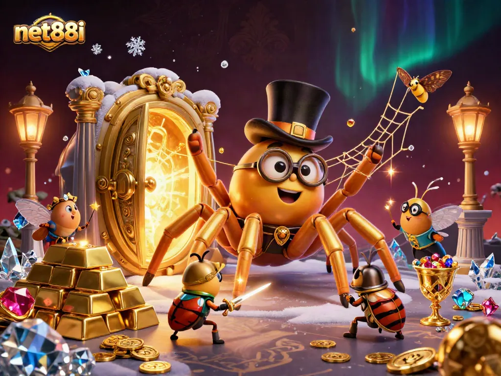 net88i captures excitement with a golden tarantula, beetle knight, and dazzling treasure of a casino.