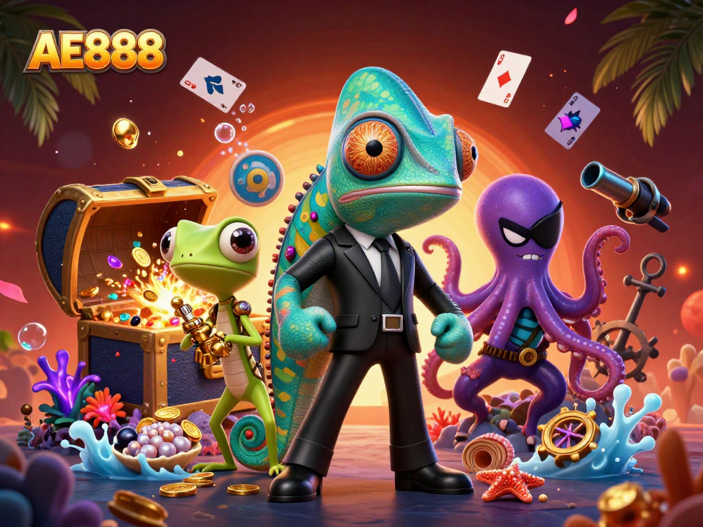 Experience thrilling AE888 gameplay with the chameleon agent and friends in a vibrant casino scene.