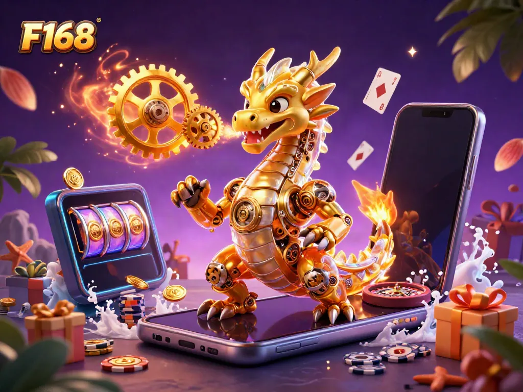 F168 golden dragon unleashes golden gears with slot games and casino elements in a vibrant 3D scene.