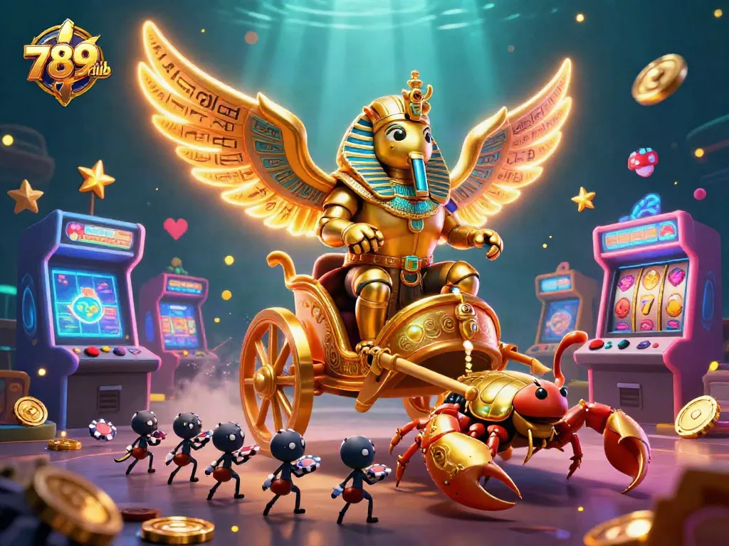 A dazzling 789club illustration showcasing a colossal scarab beetle in chariot, surrounded by vibrant casino elements, spinning slot reels, and poker chips.