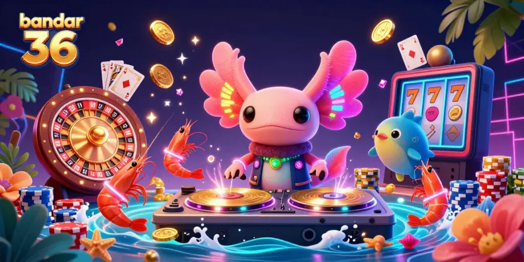Mainkan slot gacor di bandar 36 dengan ilustrasi DJ neon menawan, koin emas, dan kartu yang terbang.