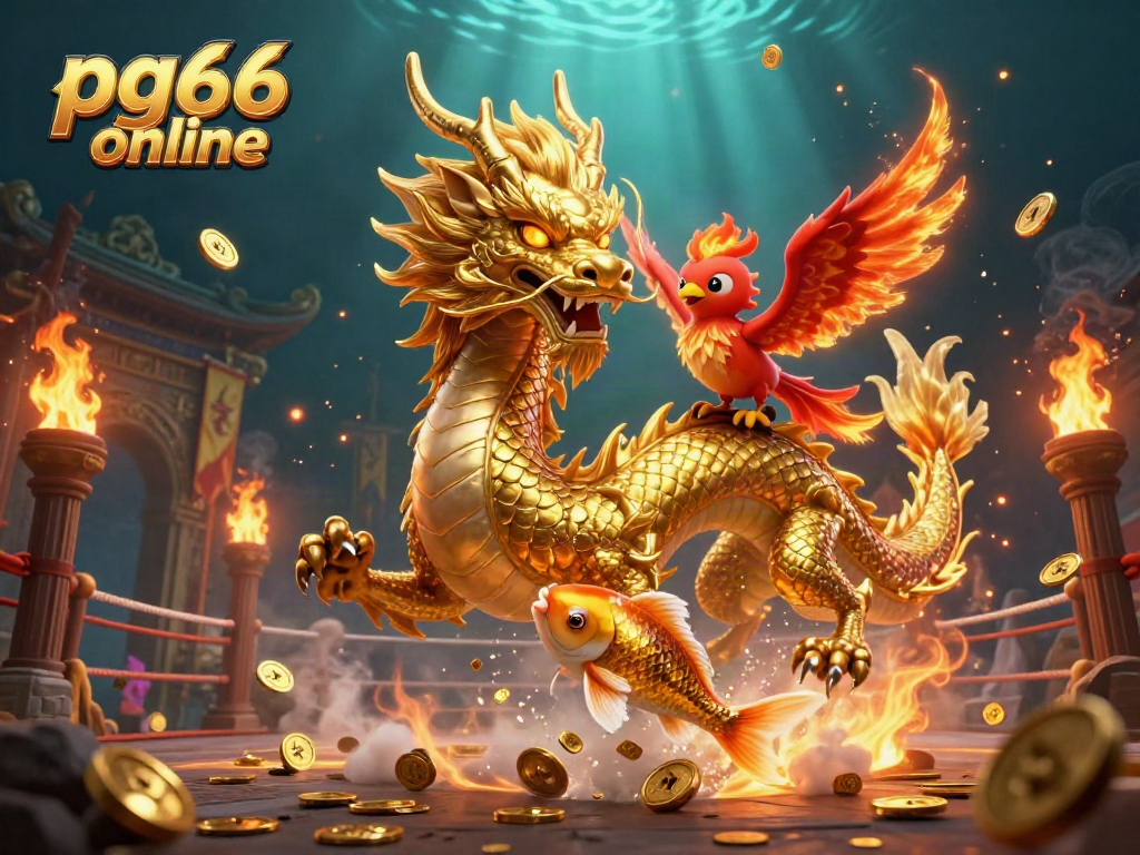 Engage with pg66 online's dynamic casino world featuring a golden dragon, phoenix, and koi fish amid exciting gaming elements.