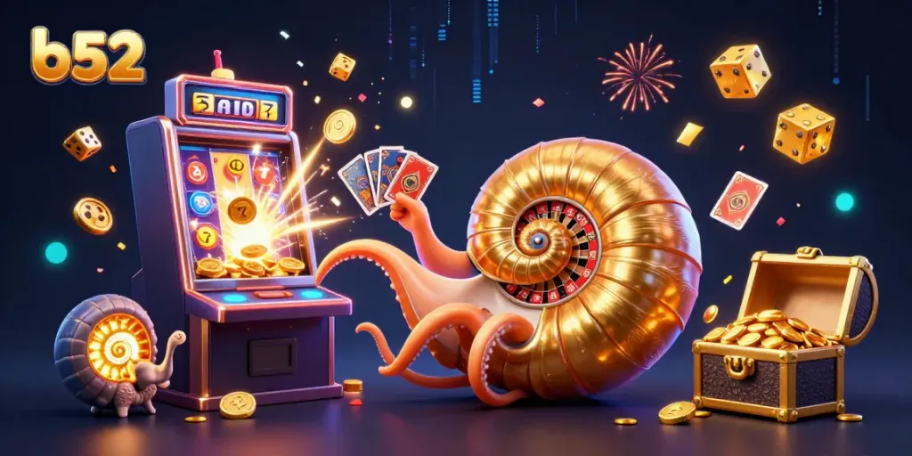 Join the excitement at B52 with dynamic 3D casino elements including a nautilus roulette wheel and explosive slot machine action.