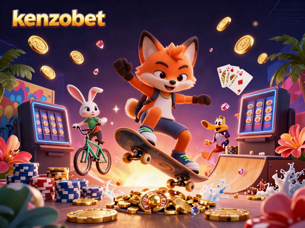 Join the excitement at Kenzobet with a gaming scene of vibrant characters and casino elements!