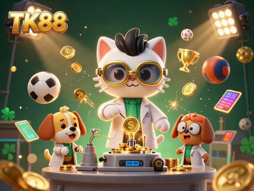 Engage with the thrilling world of TK88 online casino featuring dynamic sports betting elements and a whimsical mad scientist scene.