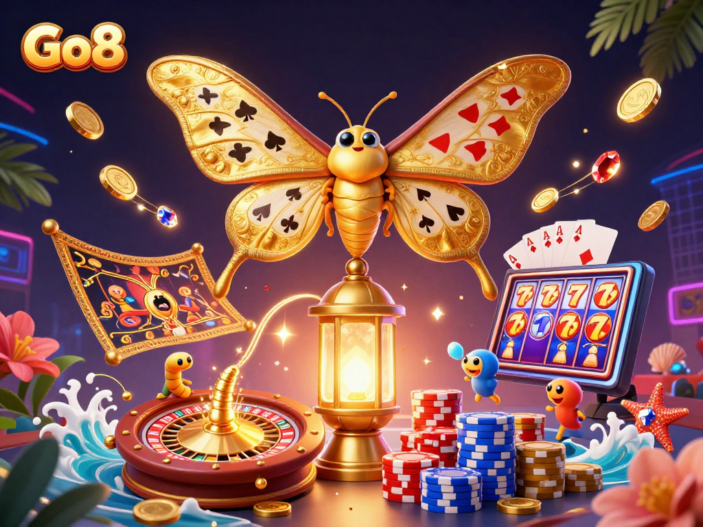 Engage with Go8's vivid casino scene, featuring a moth and vibrant gaming elements in stunning detail.