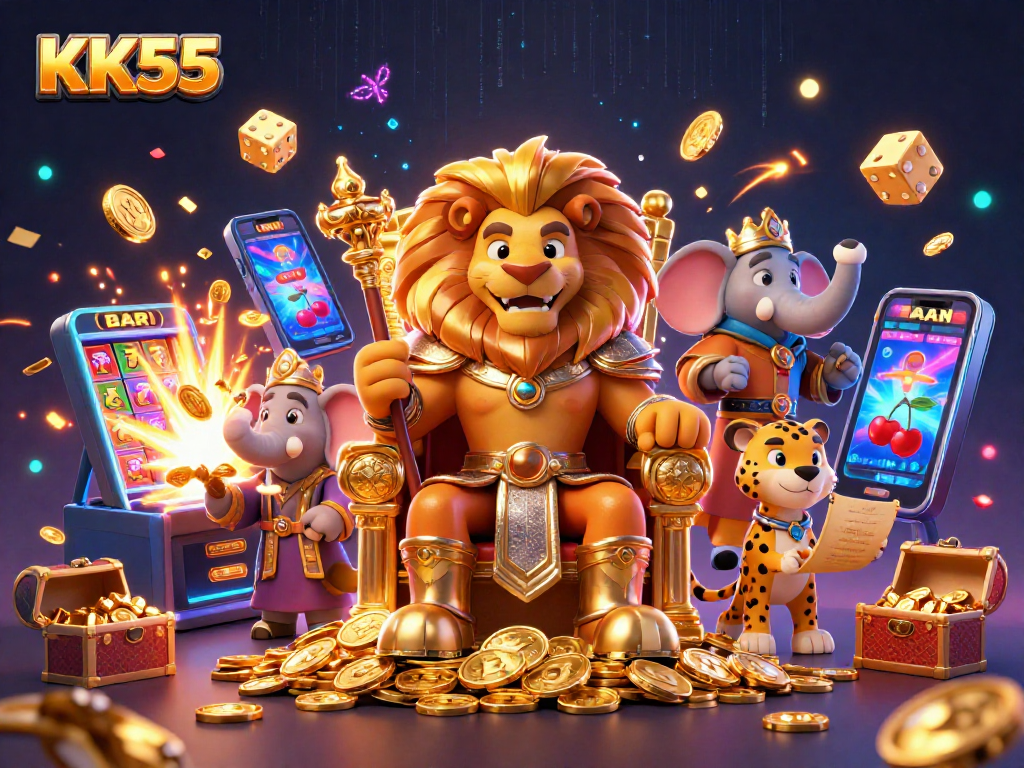 Engage in thrilling gameplay with KK55's vibrant 3D casino scene featuring lucky symbols and characters.