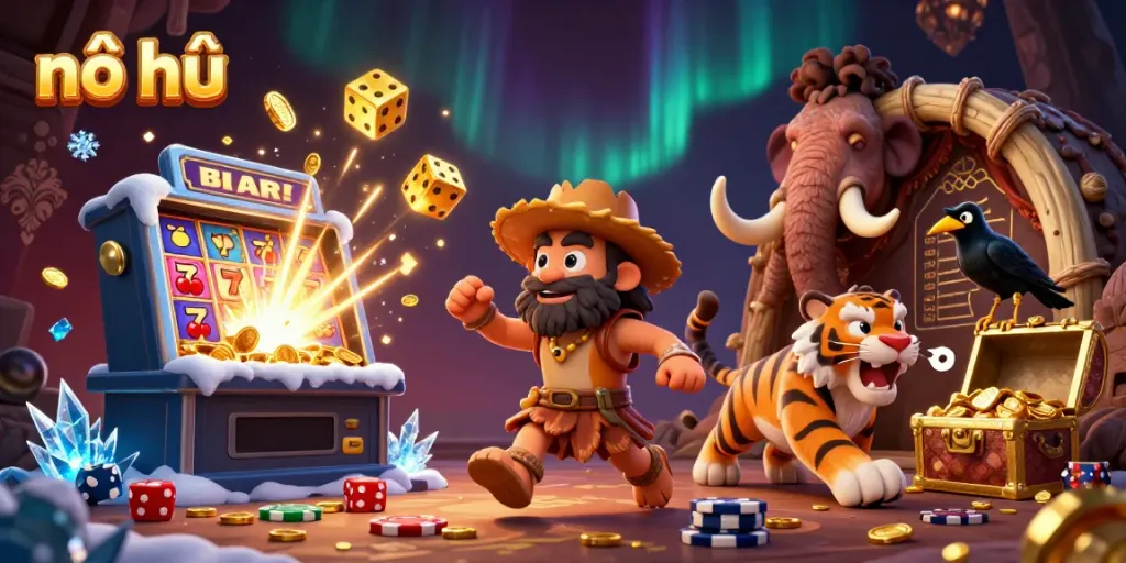 Experience thrilling nổ hũ gameplay in a vibrant casino scene featuring cartoon characters and exciting game elements.