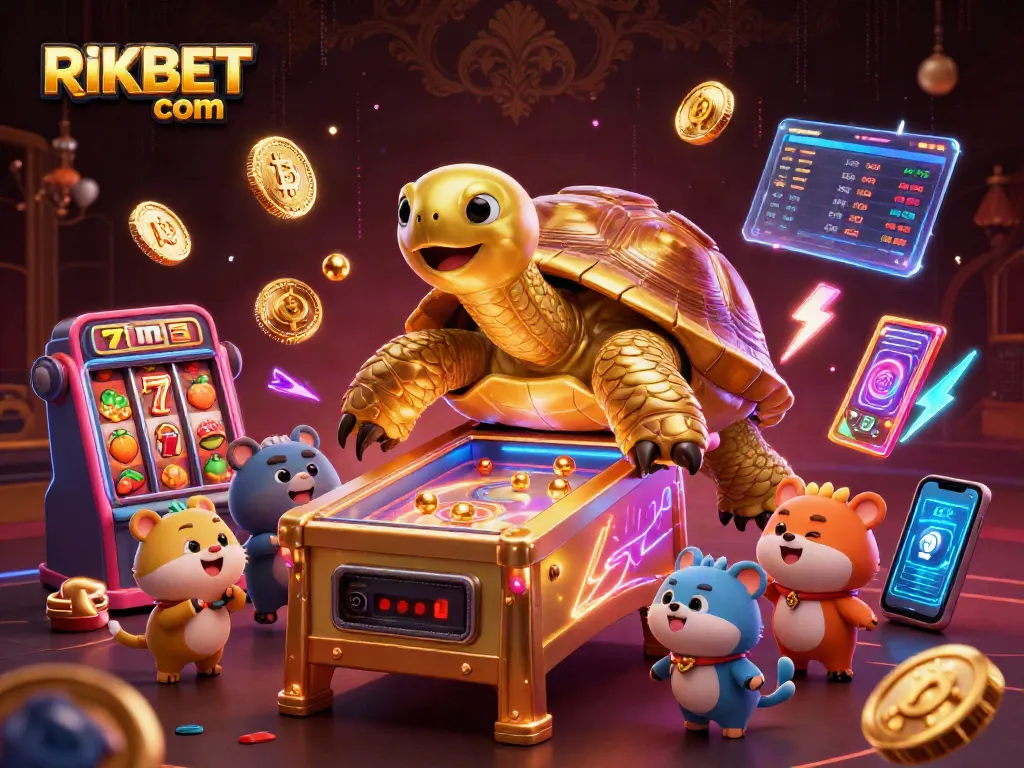 Win big at RIKBET com with vibrant casino games featuring golden tortoise and neon coins!