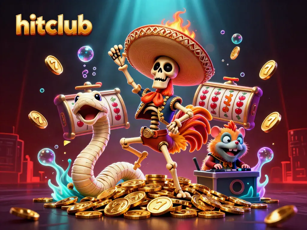 Experience the thrill of hitclub with vibrant 3D characters celebrating wins amidst slot machines and golden coins.