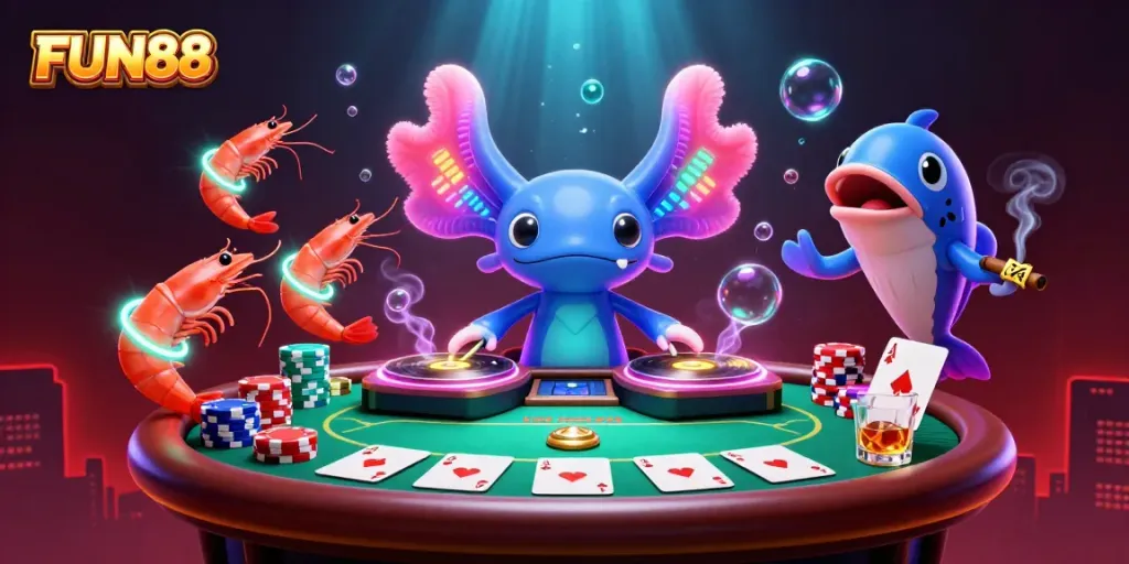 Engage with FUN88's vibrant casino experience through a captivating neon-themed underwater party.